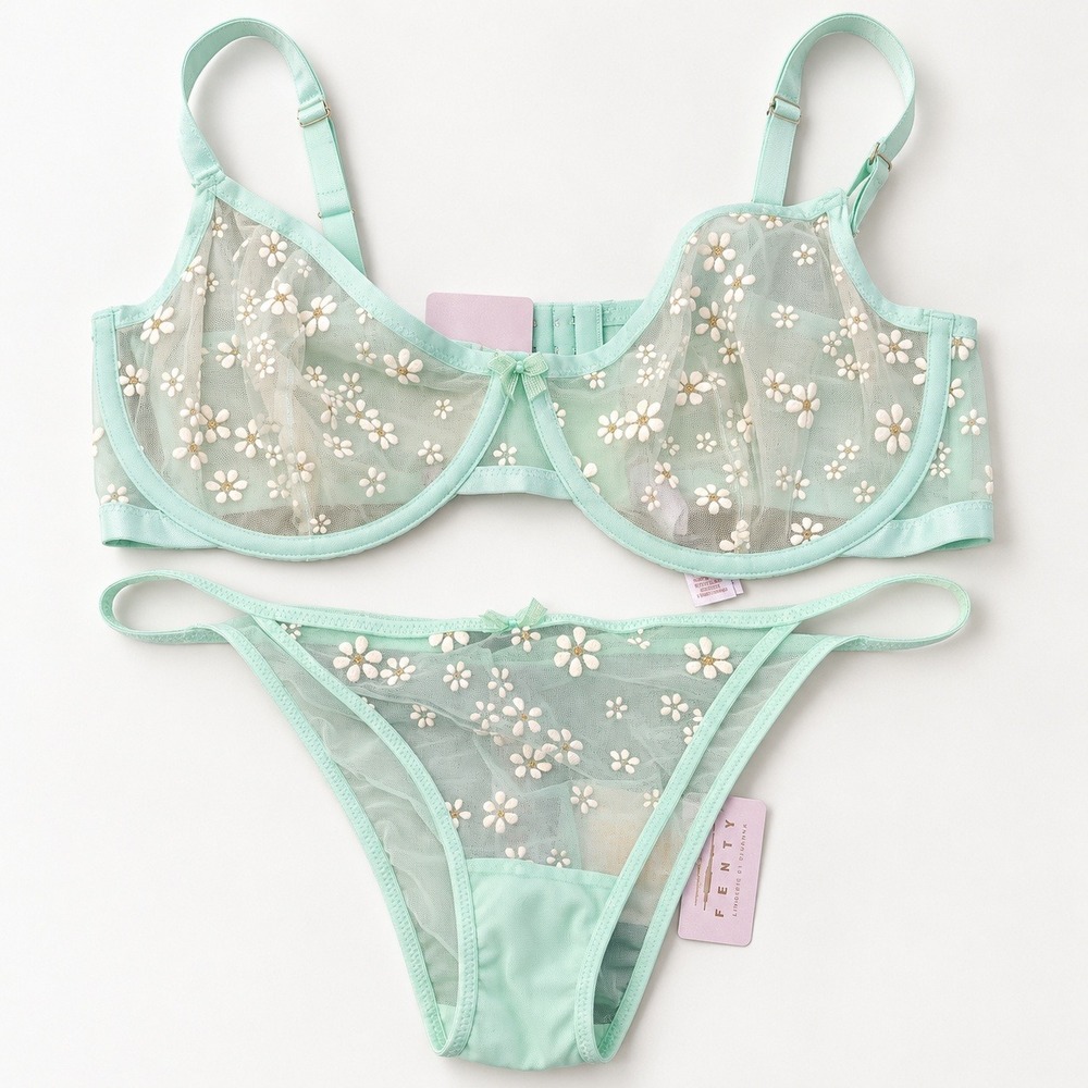 Savage X Fenty Lingerie Set 38G L Mint Green Floral Mesh Bra Thong NWT